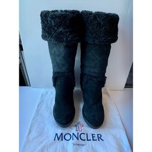 Moncler “Paulette” Black Suede Tall Wedge Boots